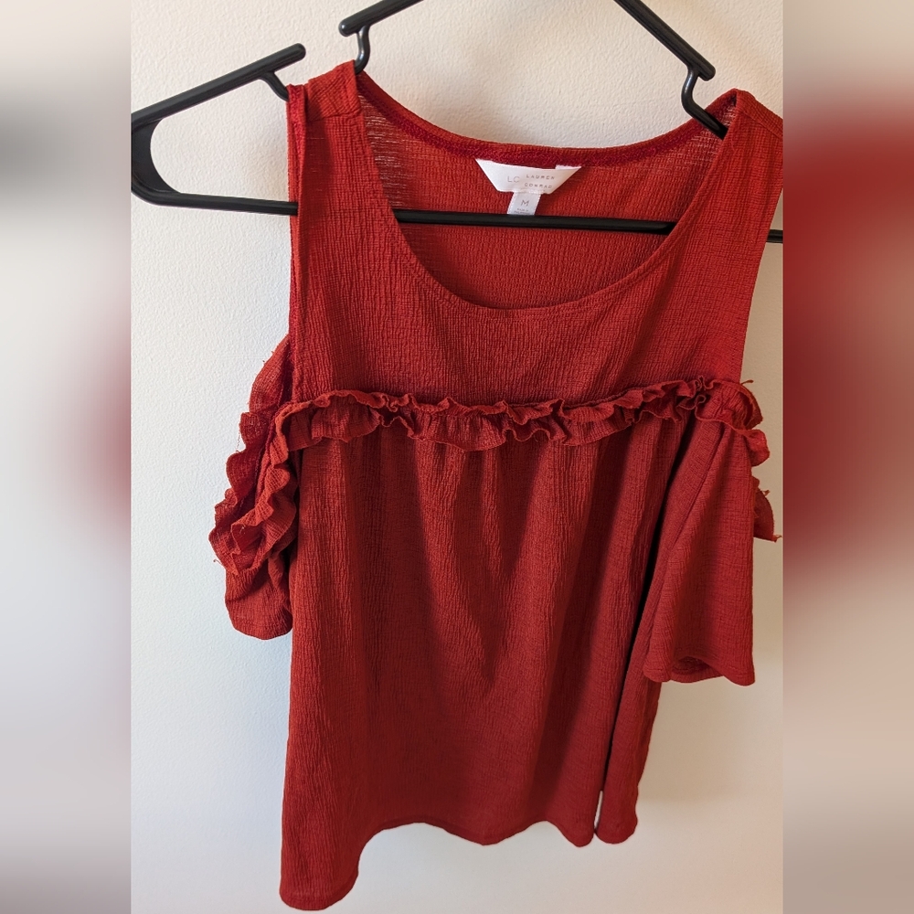 Lauren Conrad cold shoulder sheer blouse. Size medium. Burnt orange color - Picture 1 of 10